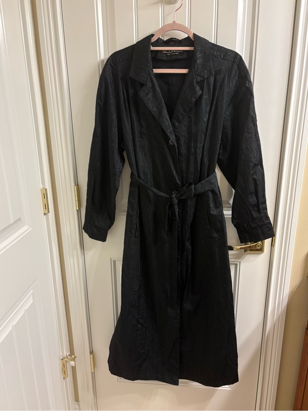 Alorna Classic Black Textured Trench Coat - Women's Long Belted Coat Size: 7/8